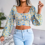 Lantern sleeve bow floral chiffon shirt holiday style navel exposed top