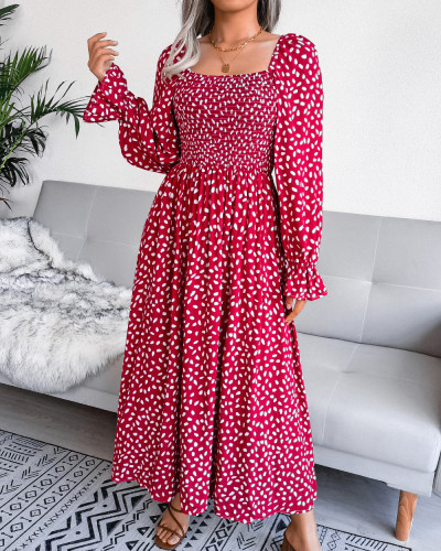 Square neck long sleeve holiday rayon dress pleated long skirt