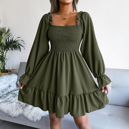 Square-neck flared long-sleeved ruffle hem dress