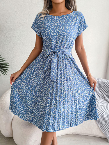 Casual short-sleeved floral pleated skirt