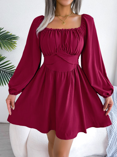 Casual solid color agaric hem square neck waist large swing dress
