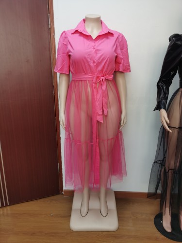 Women's solid color shirt mesh large size top dress