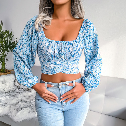 Lantern sleeve bow floral chiffon shirt holiday style navel exposed top