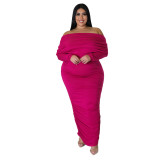 Large Women's Dress Off Shoulder Tight Pleated Long Sleeve Fat Women's Dress