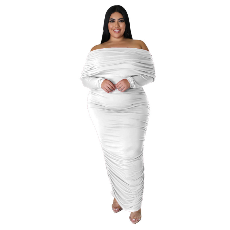 Large Women's Dress Off Shoulder Tight Pleated Long Sleeve Fat Women's Dress