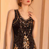 Ancient sequin dress tassel front and back deep V-neck dress fashion beaded banquet evening dress