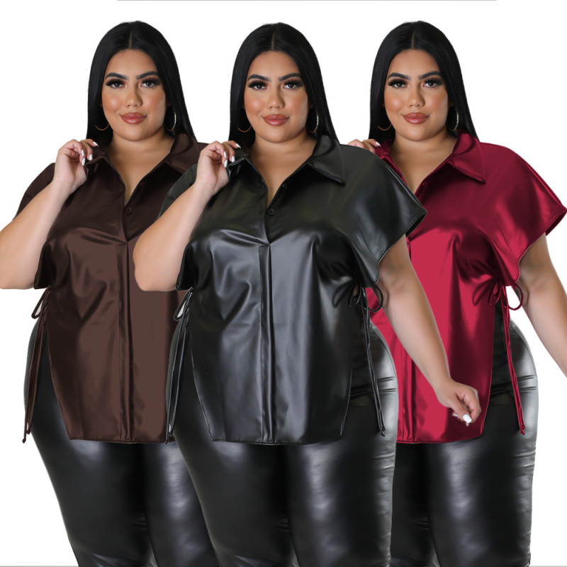 Faux leather shirt casual loose solid fat woman top