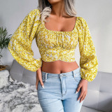 Lantern sleeve bow floral chiffon shirt holiday style navel exposed top