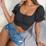 Casual short-sleeved lace-up waist chiffon shirt with exposed navel top