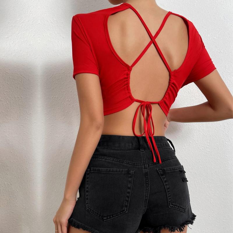 Sexy, backless, ultra-short, navel exposed, short-sleeved T-shirt top, female