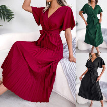 Temperament crossover V-neck large pleated skirt