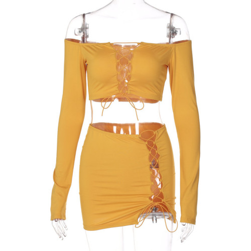 Fashion women's solid color patchwork lace wrap chest long sleeve sexy strappy skirt