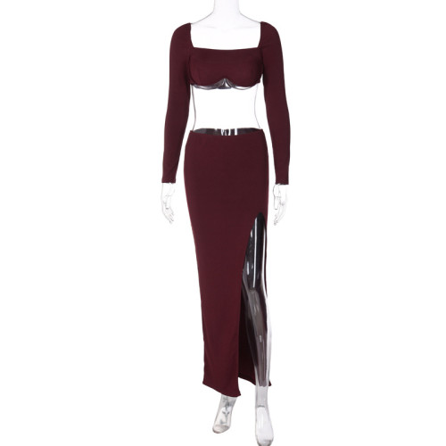 Solid color breast wrap with exposed navel top, split sexy temperament, long skirt suit