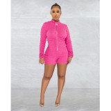 Fashion women's solid color long-sleeved fake outerwear shorts jumpsuit