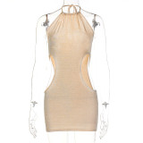 Sleeveless neck hanging side waist hollowed-out solid color light cooked backless dress