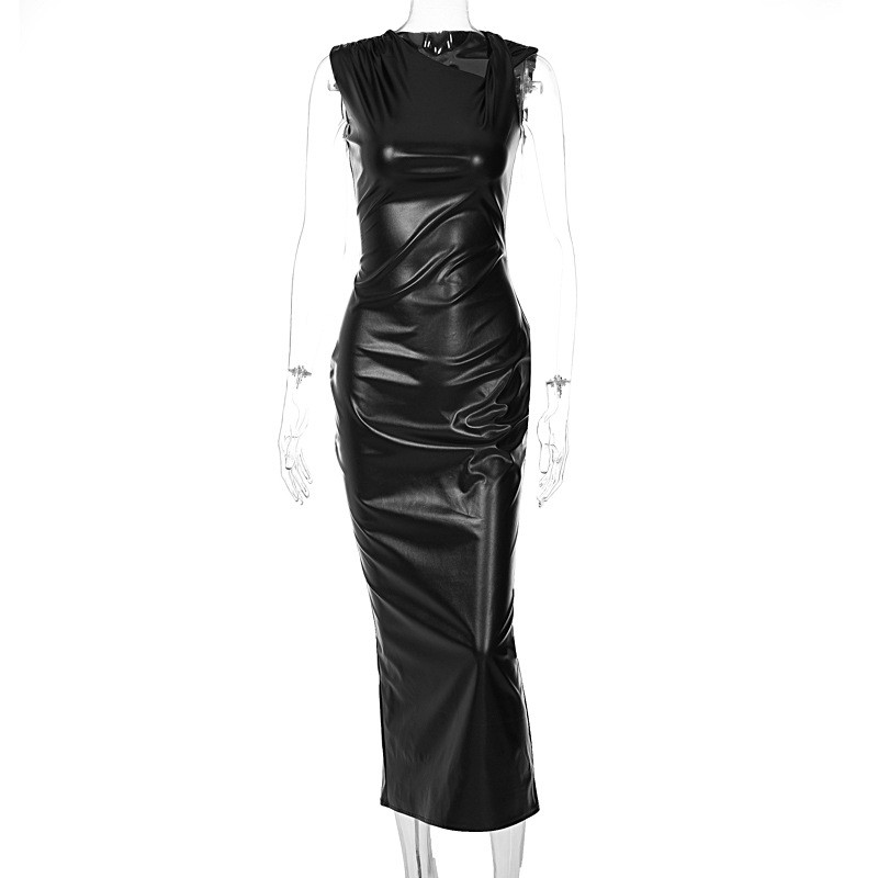 PU leather diagonal collar pleated buttock split sexy dress