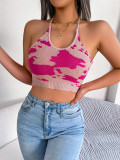 Casual cow pattern waistband top with exposed navel sweater