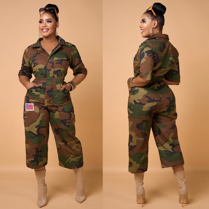 Fashion camouflage print pocket lapel jumpsuit