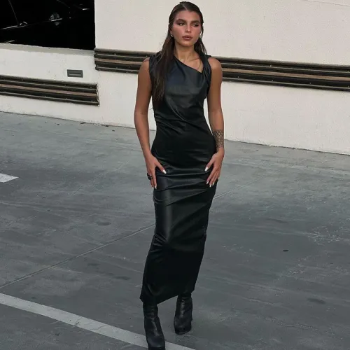 PU leather diagonal collar pleated buttock split sexy dress