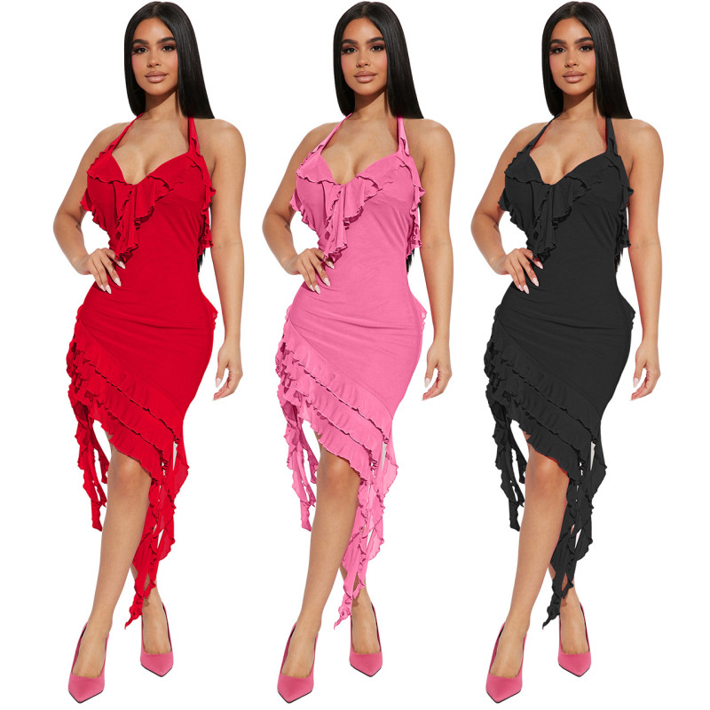 Strap gauze perspective double-layer ruffle sexy dress