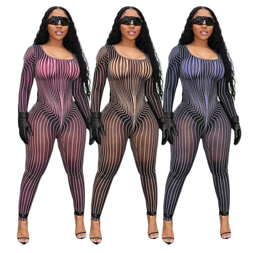 Square collar positioning printing nightclub perspective mesh sexy jumpsuit