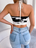 Casual cow pattern waistband top with exposed navel sweater