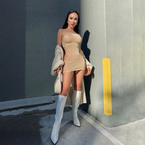 Sleeveless neck hanging side waist hollowed-out solid color light cooked backless dress