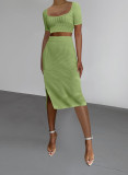 Threaded square neck short sleeve split skirt slim two-piece set