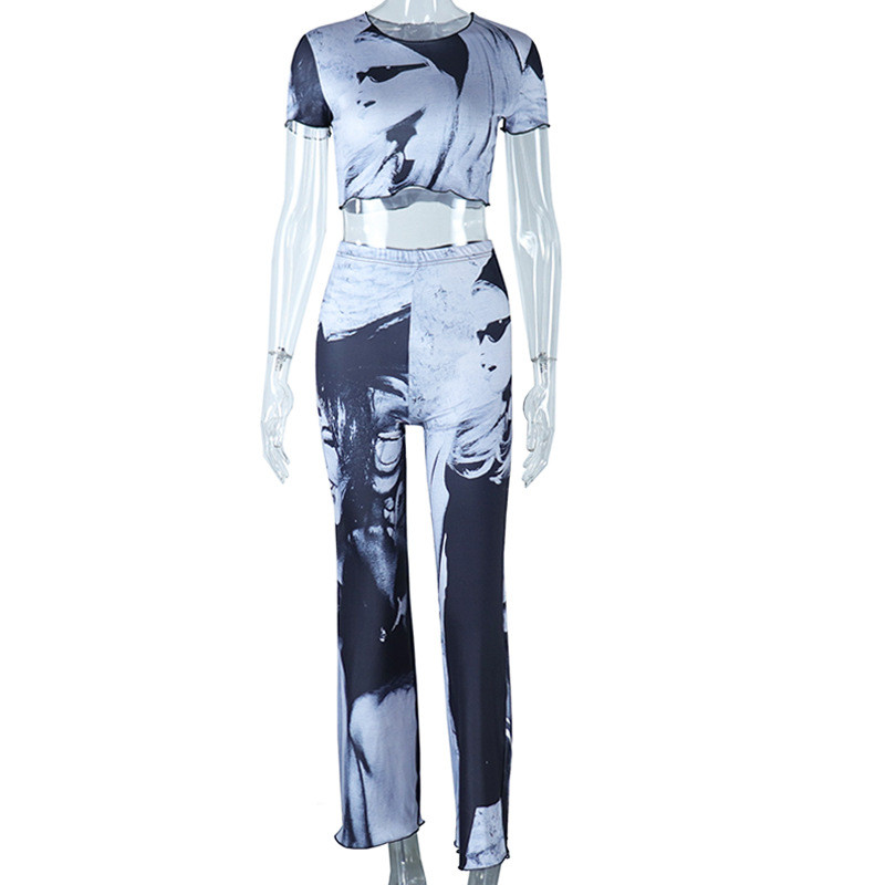 Figure print fashion suit round neck three-quarter sleeve tight top high waist wide leg pants two-piece suit