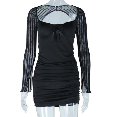 Lace mesh contrast patchwork dress flare sleeve wrap hip dress tight lace up skirt