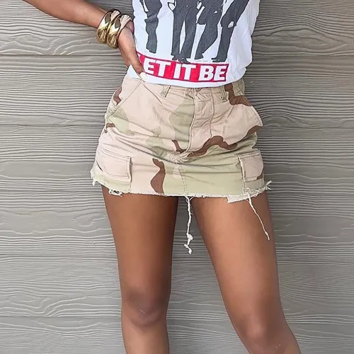 Camouflage zip pocket fringed street skirt