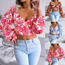 V-neck lantern long-sleeved floral chiffon shirt holiday style exposed navel top