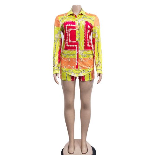 Fashion women's color contrast lapel shirt long-sleeved shorts two-piece set