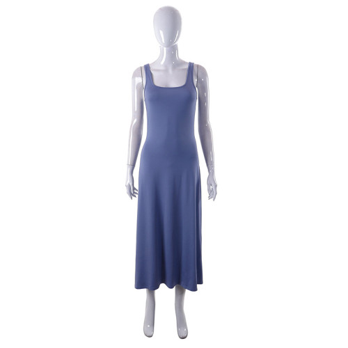 Clean color sleeveless high waist wrapped chest long flare dress