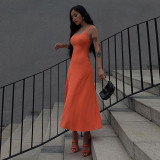 Clean color sleeveless high waist wrapped chest long flare dress