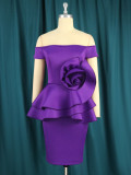 Off-shoulder three-dimensional decorative sexy dress party dress 3D flower fake two-piece one-step skirt