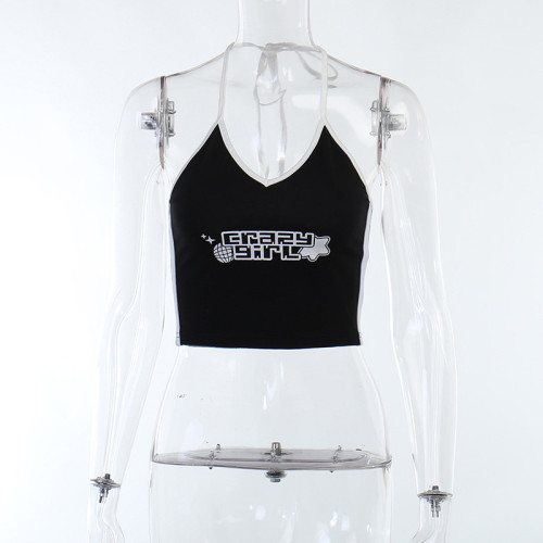 Contrast letter-printed neck strap vest short versatile casual T-shirt
