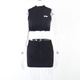 Sleeveless fashion slim POLO neck short open navel top work dress skirt suit