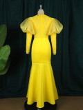 Lace gauze perspective banquet buttock skirt creative lantern sleeve show figure dress