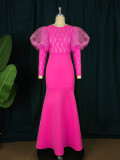 Lace gauze perspective banquet buttock skirt creative lantern sleeve show figure dress
