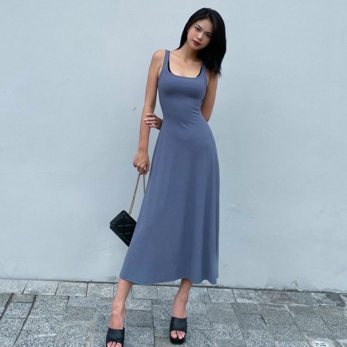 Clean color sleeveless high waist wrapped chest long flare dress