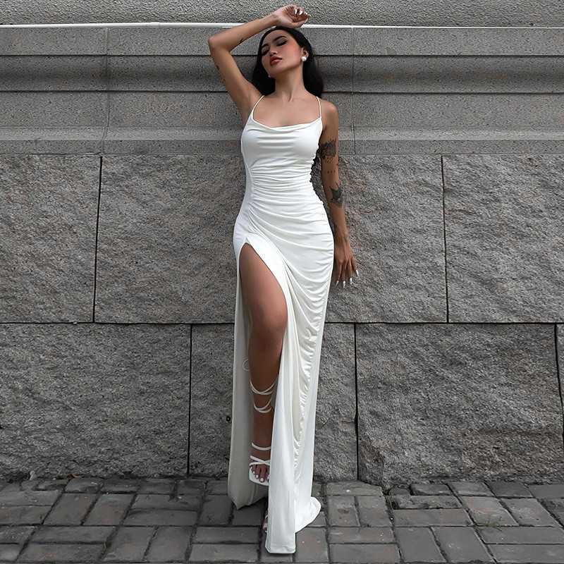 Clean color suspender sleeveless side slit French high waist dress