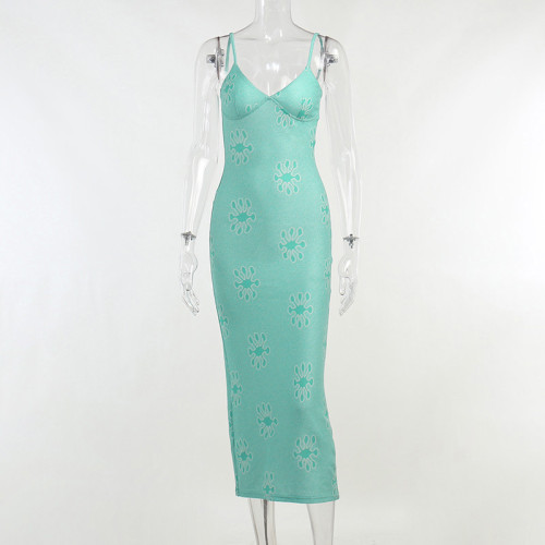 Knitted print perspective long suspender dress Women's sexy slim dress
