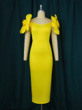 Sexy low-cut three-dimensional flower dress temperament waist fitting banquet one-step skirt