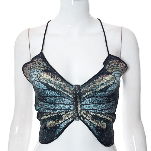 Neck strap large open back short spicy butterfly top