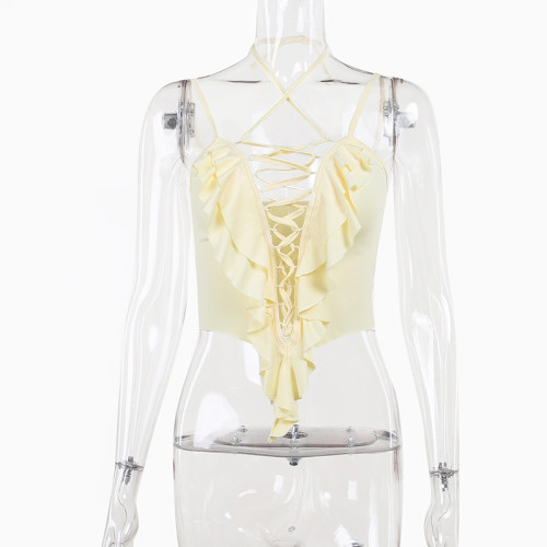 Ruffle lace hollowed-out suspender neck top, sexy, pure and sexy, hot girls' versatile vest in Europe and America