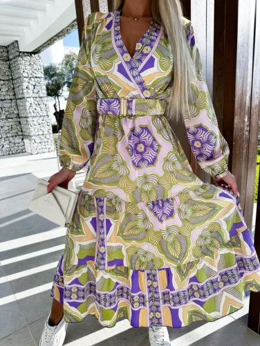 Fashion long-sleeved V-neck printed dress for women