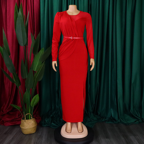 Solid round neck pleated long-sleeved dress
