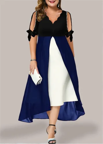 Large women's V-neck stitching fake two-piece irregular medium-sleeve dress
