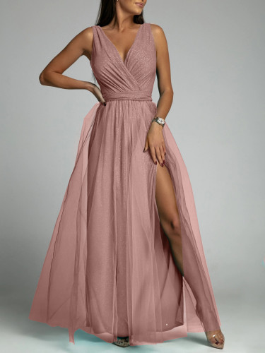 V-neck, waist up, thin, open, large swing, bright crystal dress